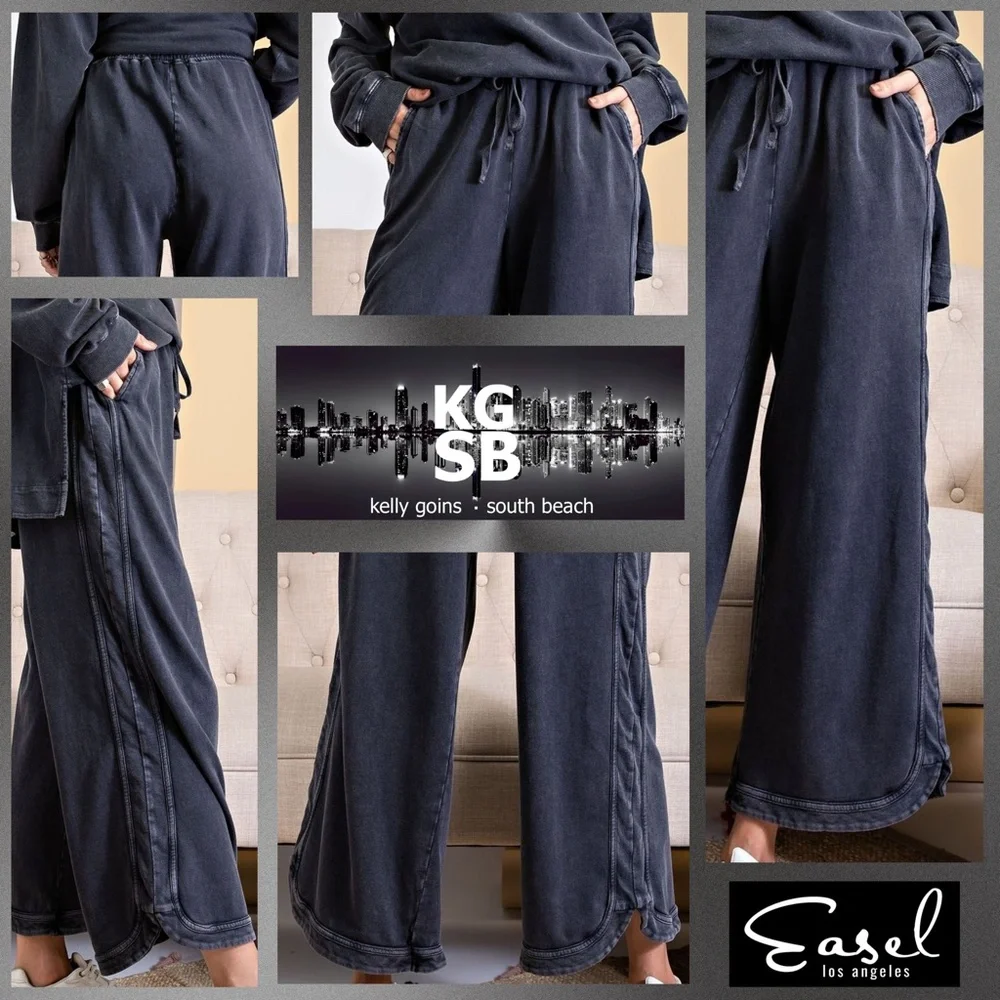 EASEL "So Comfy" Mineral Washed Pants Cotton Terry Side Leg Detail Elastic Waist - Picture 6 of 16